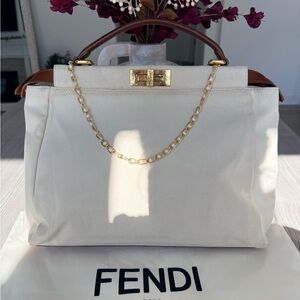 Fendi Leather/Canvas Peekaboo with Dustbag & Unbranded Pearl Chain